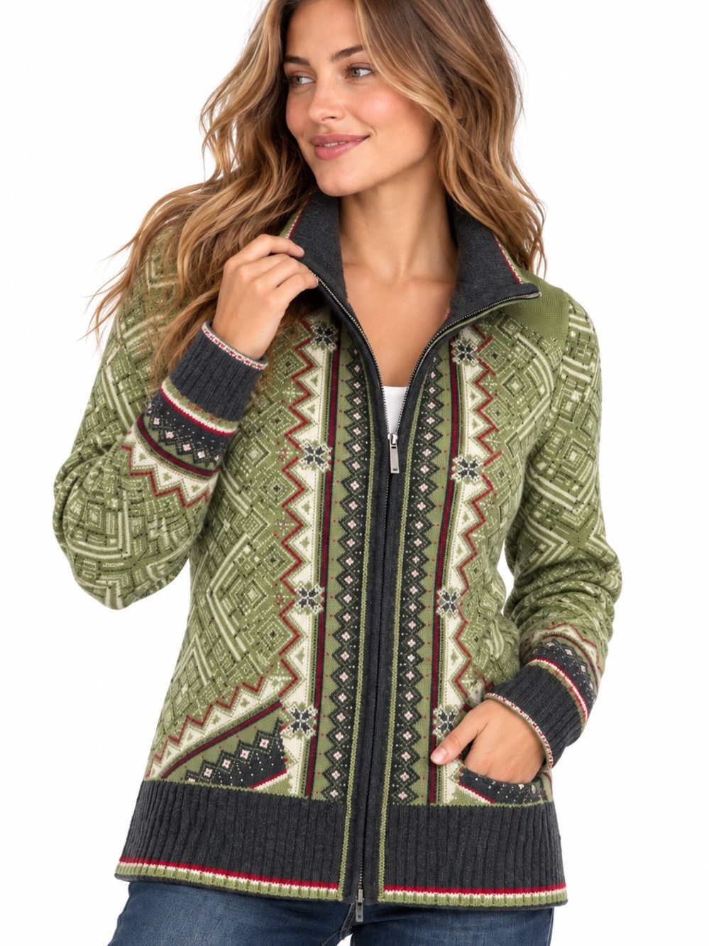 Eddie Bauer 100% Merino Wool Fair Isle Full Zip Sweater M Green Nordic Alpine
